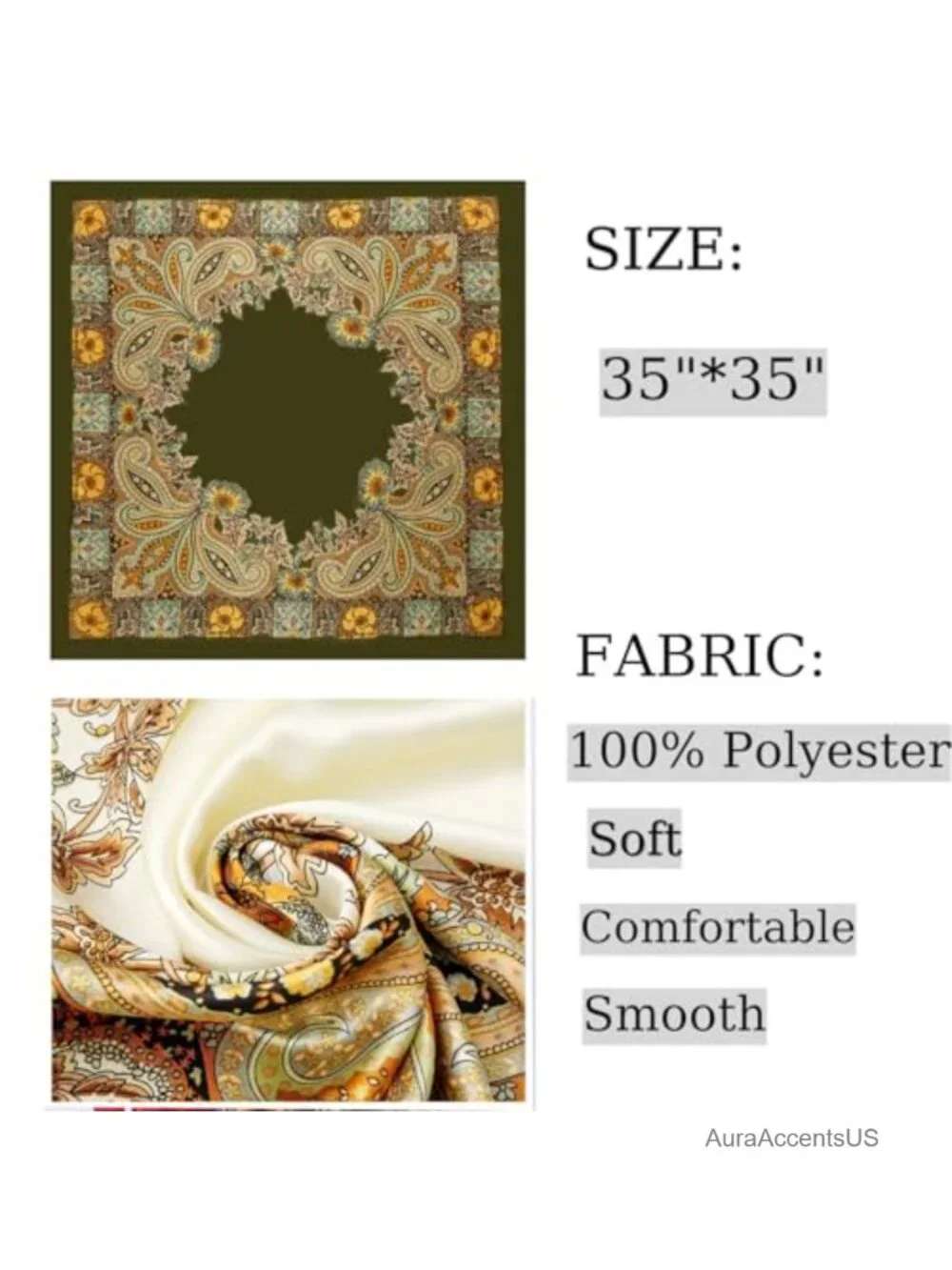 35x35 Large Square Satin Head Scarf for Women, Silk Feeling Bandana